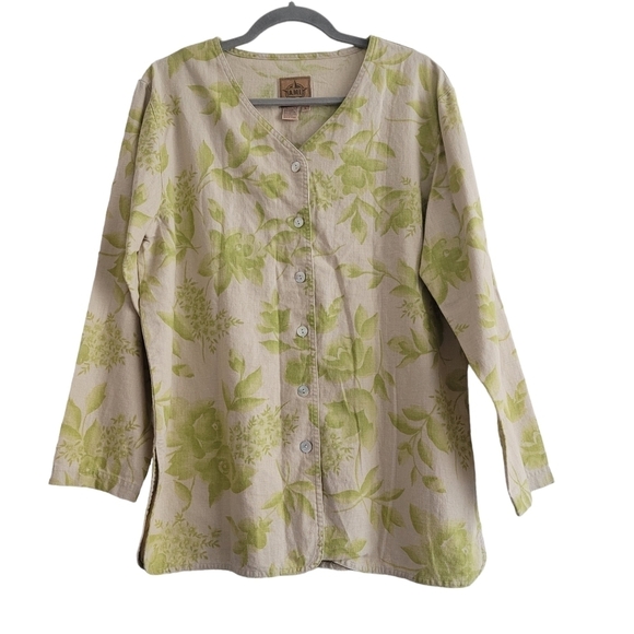 A.M.I. Tops - VTG A.M.I. Green‎ Floral Tan Button Up V-Neck Shirt Lagenlook Linen Cotton Large